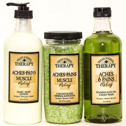 Village Naturals Therapy Aches and Pains Muscles Relief Lotion, Bath Soak, Body Wash